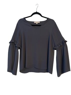 LOFT Charcoal Ruffle Bell Sleeve V-Neck Blouse